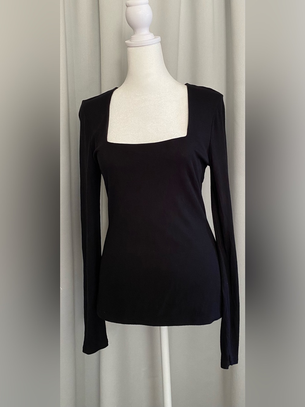 I.N.C. International Concepts Womens Square Neck Top Ribbed Knit Size M Black